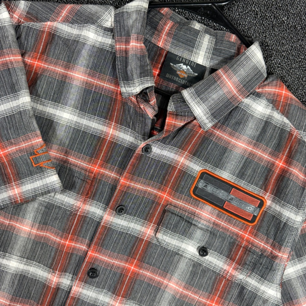 Harley Davidson Men's L Orange Plaid Short Sleeve Button Up Mechanic Shirt Biker
